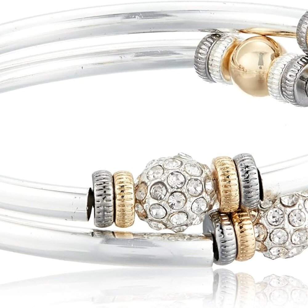 Tri-Tone and Crystal Set of 2 Bangle Bracelet